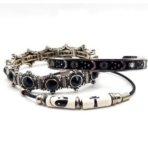 Variety Set of 3 Silvertone Bracelets - Cord with Beads, Celestial Cuff, Stretch